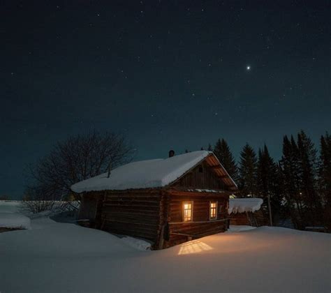 winter night cabin