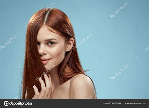 Beautiful Brunette Long Hair Naked Shoulders Cosmetics Charm Health Care Blue Background Stock