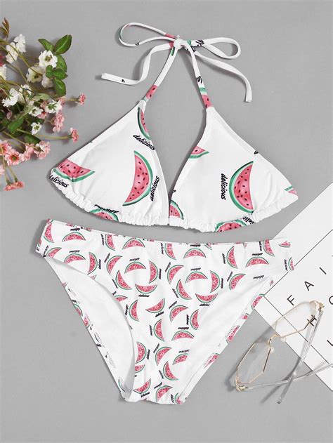 Watermelon Print Triangle Bikini Set SheIn Sheinside