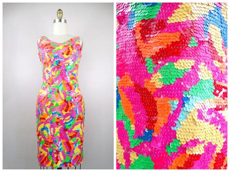 S M Neon Sequin Dress Hot Pink Orange Yellow And Green Etsy