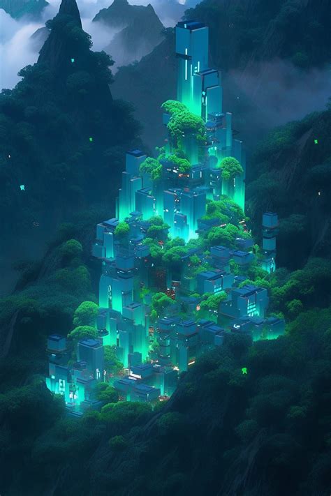 Neon Buildings On Lush Green Mountains