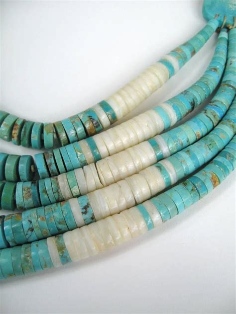 Native American Turquoise Clam Shell 5 Strand Heishi Necklace Sterling Silver For Sale At 1stdibs