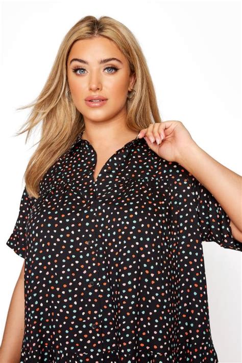 Plus Size Black Polka Dot Smock Button Up Blouse Yours Clothing