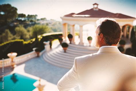 A successful, ultra-rich businessman gazes at his stunning mansion ...