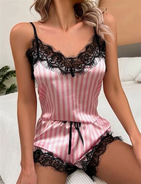 Pijama De Alcinha Inspiracao Victoria Secrets Listrado De Rosa Lingerie Feminina Shein Nunca