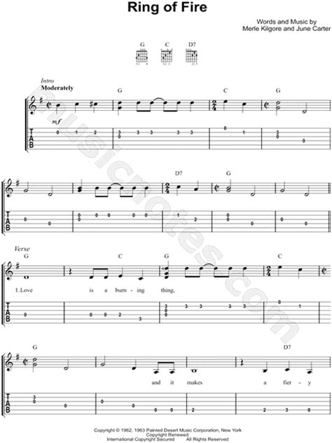 Johnny Cash Ring Of Fire Guitar Tab In G Major Download And Print