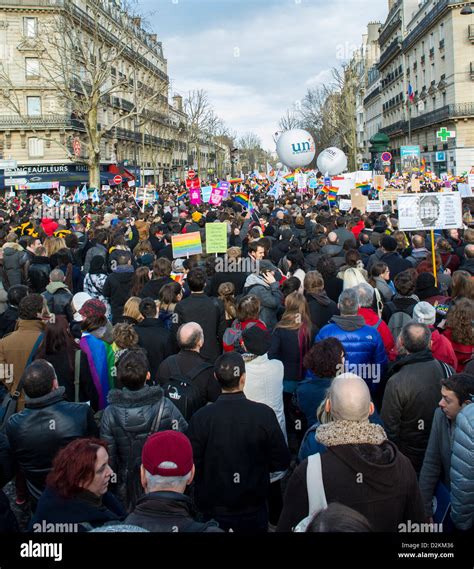 Paris France French LGTB Large Crowd On Street From Behind Marching At Pro Gay Marriage