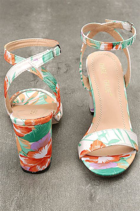 Nude Print Heels Ankle Strap Heels Block Heels Tropical Print