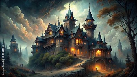 Spooky Dracula Castle Painting With Haunted Mansion In A Dark And Eerie