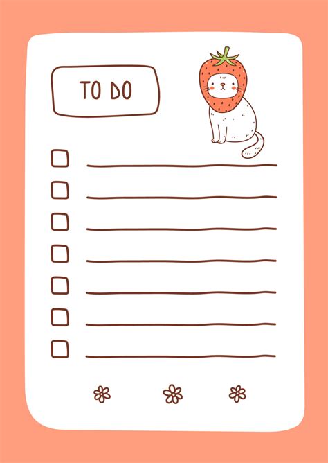 To Do List Template Decorated By Kawaii Strawberry Cat Cute Design Of