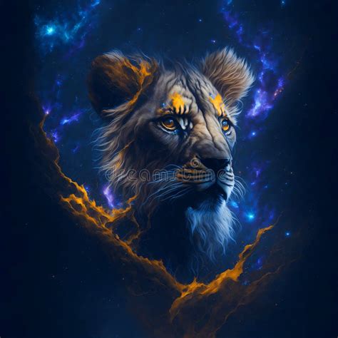 Illustration Of A Lion King Head In Space Nebula With Glowing