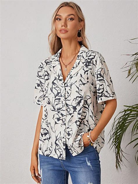 Anis Illustration Allover Floral Print Lapel Collar Button Front Shirt