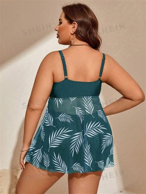 SHEIN Swim Lushore Summer Beach Plus Size Leaf Print Bikini Set With Ruched Details SHEIN UK