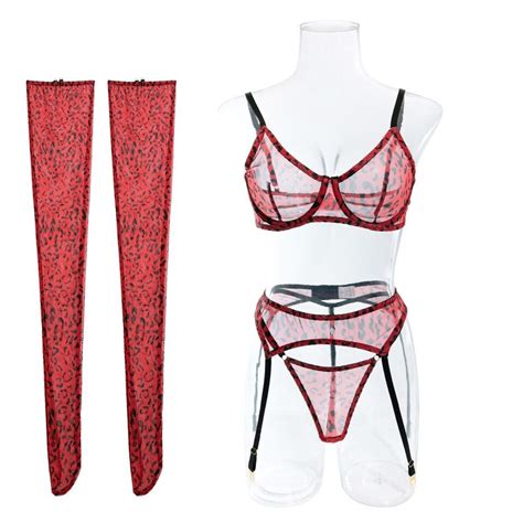 Women Leopard Sexy Bra Panty Set Mesh Lingerie Thong Red Garter Exotic Stokings Ebay