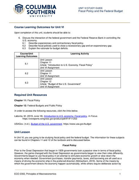 Unit 6 Study Guide Macroeconomics - Course Learning Outcomes for Unit