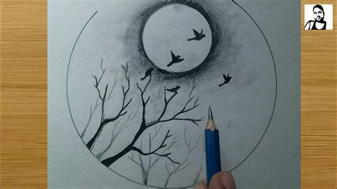 Moonlight Scenery Drawing Pencil Shading - Draw-mega