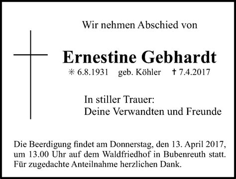 Traueranzeigen Von Ernestine Gebhardt Trauer Nn De