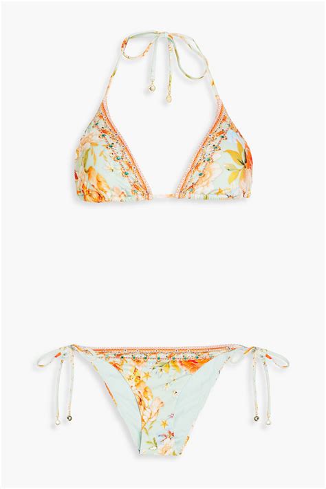 Camilla Crystal Embellished Floral Print Triangle Bikini In Light Green Modesens