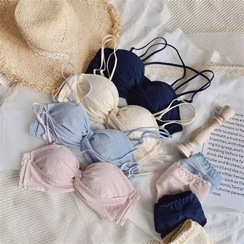 Womens Gray Green Cotton Lingerie Set With Push Up Bra And Bow Detail Wireless Padded