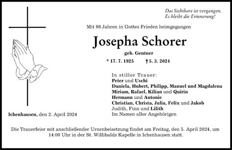 Traueranzeigen Von Josepha Schorer Augsburger Allgemeine Zeitung