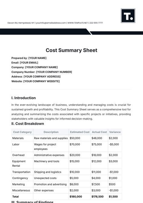 Free Cost Summary Sheet Template To Edit Online