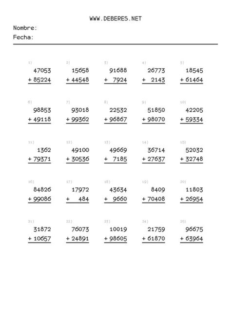 Sumas De Cinco Cifras Llevando Para Imprimir