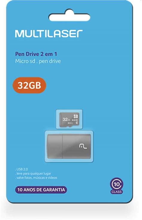 Pen Drive Multilaser 2 em 1 Leitor USB Cartão de Memória Classe 10