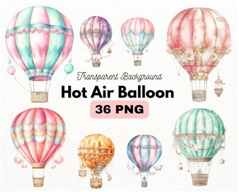 Watercolor Pastel Cute Hot Air Balloon Bundle Digital Crafts Designs Transparent Hot Air