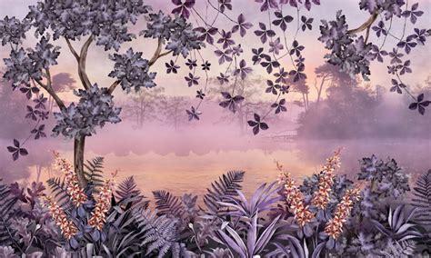 Lake Santharia Lilac Landscape Wall Mural Sample Avalana Design