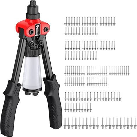 Jigiu 5 In 1 Rivet Gun Rivet Tool Pop Rivet Gun Kit Hand Riveter With 200 Rivets 5