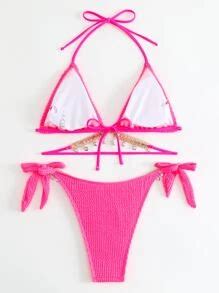 Shein Swim Summer Beach Textured Bikini Set Rhinestone Chain Decor Triangle Bra Top Tie Side