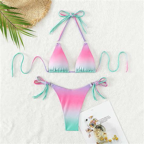 Oem High Quality Custom Summer Bikini Halter Lace Up Beachwear Sexy Print Swimwear Push Up Bra