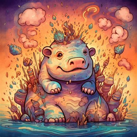 Festive Image Of A Cartoon Cute Hippo With Fireworks Celebrate Party