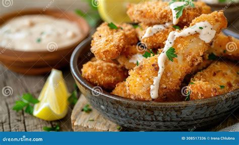 Breaded And Fried Fish Fingers Served With Remoulade Sauce And Lemon