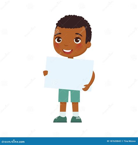 Little Smiling Boy Holding Empty Banner Flat Vector Illustration Cute