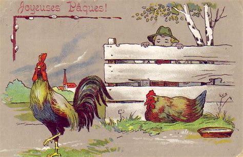 CPA Fantaisie JOYEUSES PAQUES Petit Garçon guettant Coq Poule pondant