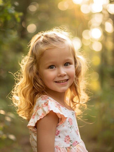 smiling child  sunlit forest joyful outdoor portrait premium ai