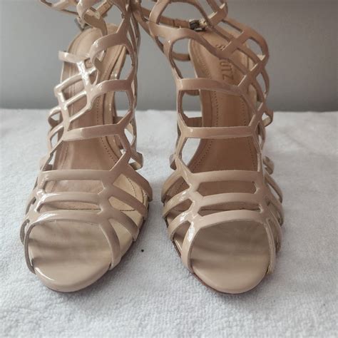 Schutz Nude Patent Leather Sandals Heels Gem