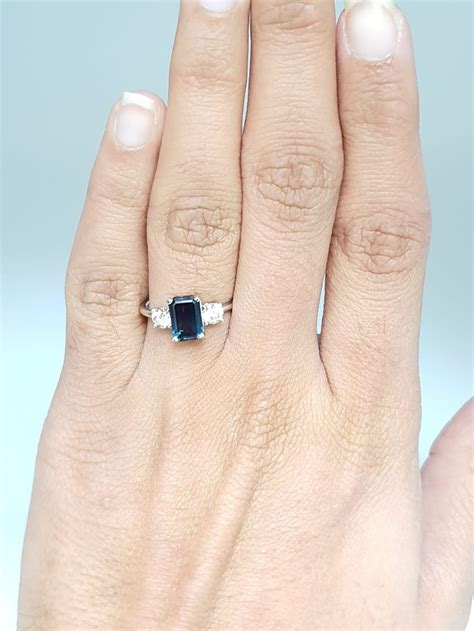 18k Emerald Cut Blue Sapphire And Diamond Trilogy Ring 223 Etsy