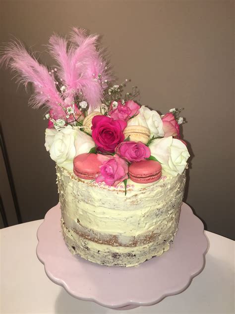Naked Layered Macroon Fresh Flowers Pink Birthday Cake Pink