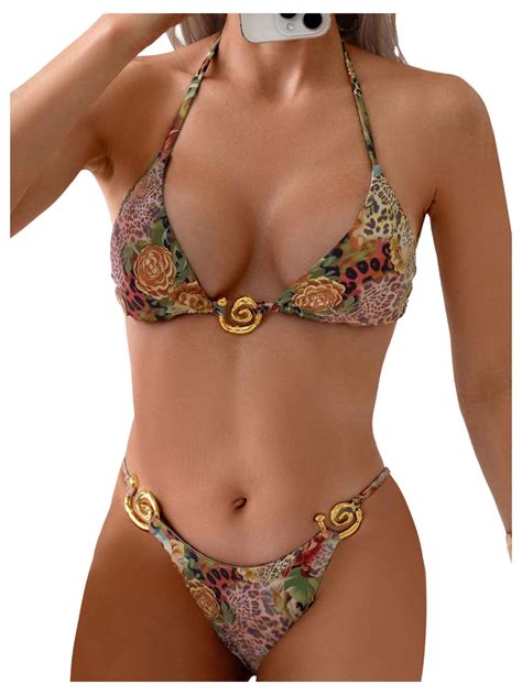 Roseseek Women S Piece Leopard Floral Bikini Sets Ring Triangle Halter Bathing Suit Tie Back