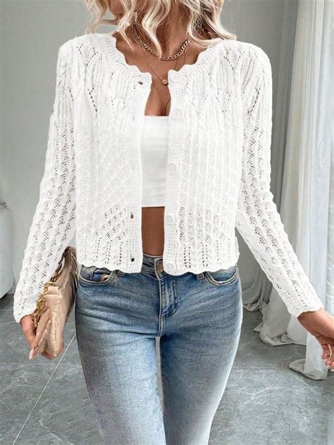 Womens Crew Neck Hollow Front Button Cardigan Knit Sweater Maglioni
