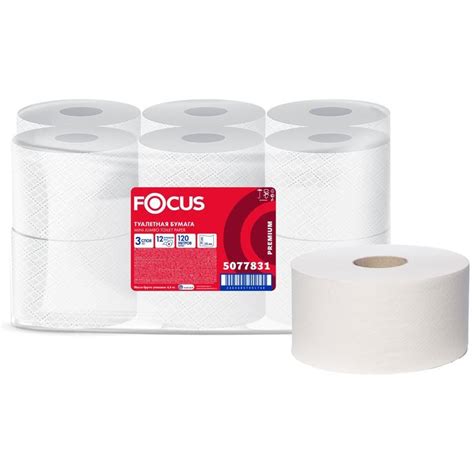 Бумага туалетная в рулонах Focus Jumbo Premium 3-слойная 12 рулонов по ...
