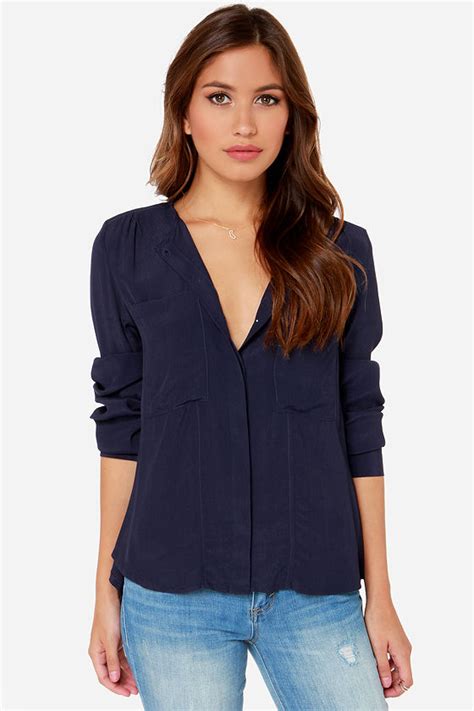 Navy Blue Top Long Sleeve Top Button Top 52 00 Lulus