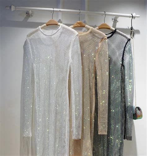 CM Length Women Sexy Hot Fishnet Diamonds Glitter Sparky Long Sleeve Elastic Dress High Street