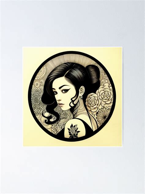 Profile Portrait Of Irezumi Woman In Circle Traditional Japanese