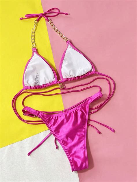 SHEIN Swim Bañador bikini triángulo halter vinculado con cadena Moda