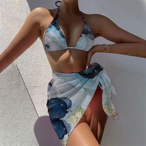 Tejiojio Summmer Split Swimsuits Women S Sexy Hawaii Bikini Printing Colorful Print Three Piece