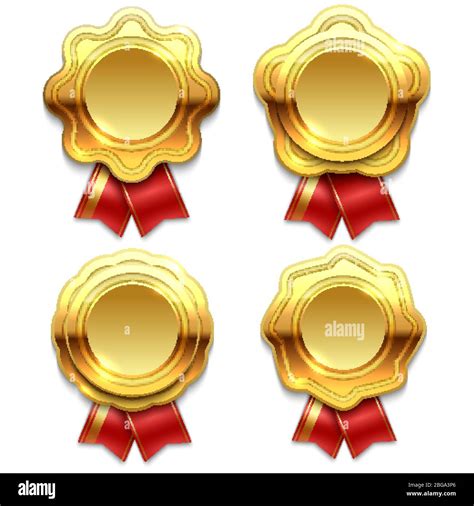 Gold Banners With Red Ribbons Isolated On White Background Vector Illustration Stock Vector