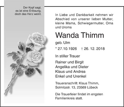 Traueranzeigen Von Wanda Thimm Trauer Anzeigen De